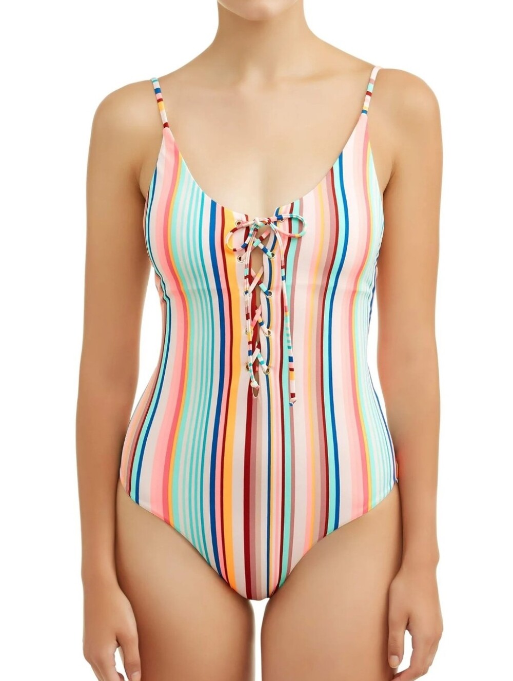 No Boundaries Juniors' Sorbet Stripe Lace Up One Piece Swimsuit